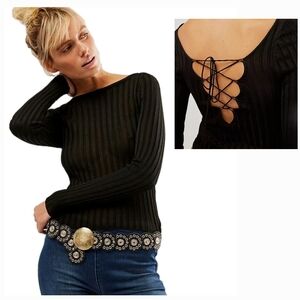 FREE PEOPLE Black Knit Hits Different Lace Up Long Sleeve sweater In Black